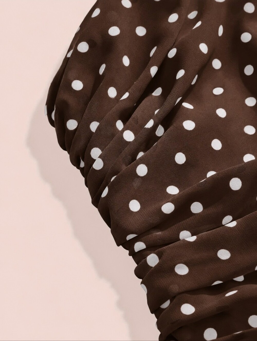 New Flowy Chiffon Polka Dot Halter Ruched Maxi Dress Brown White - Picture 10 of 13
